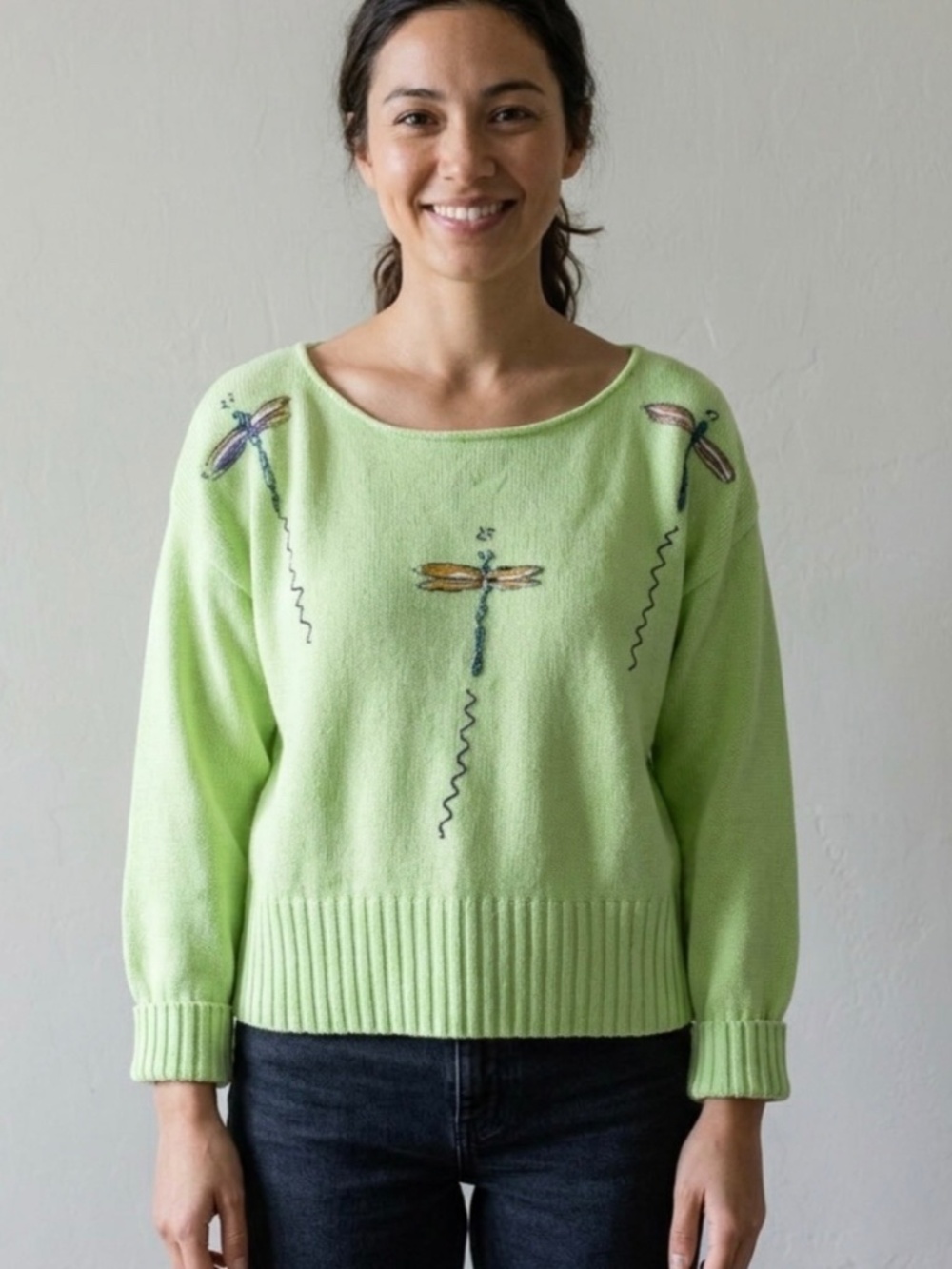 Victoria Hand Painted Dragonfly Sweater S Cottagecore Artsy Boxy 90s Mixed Media